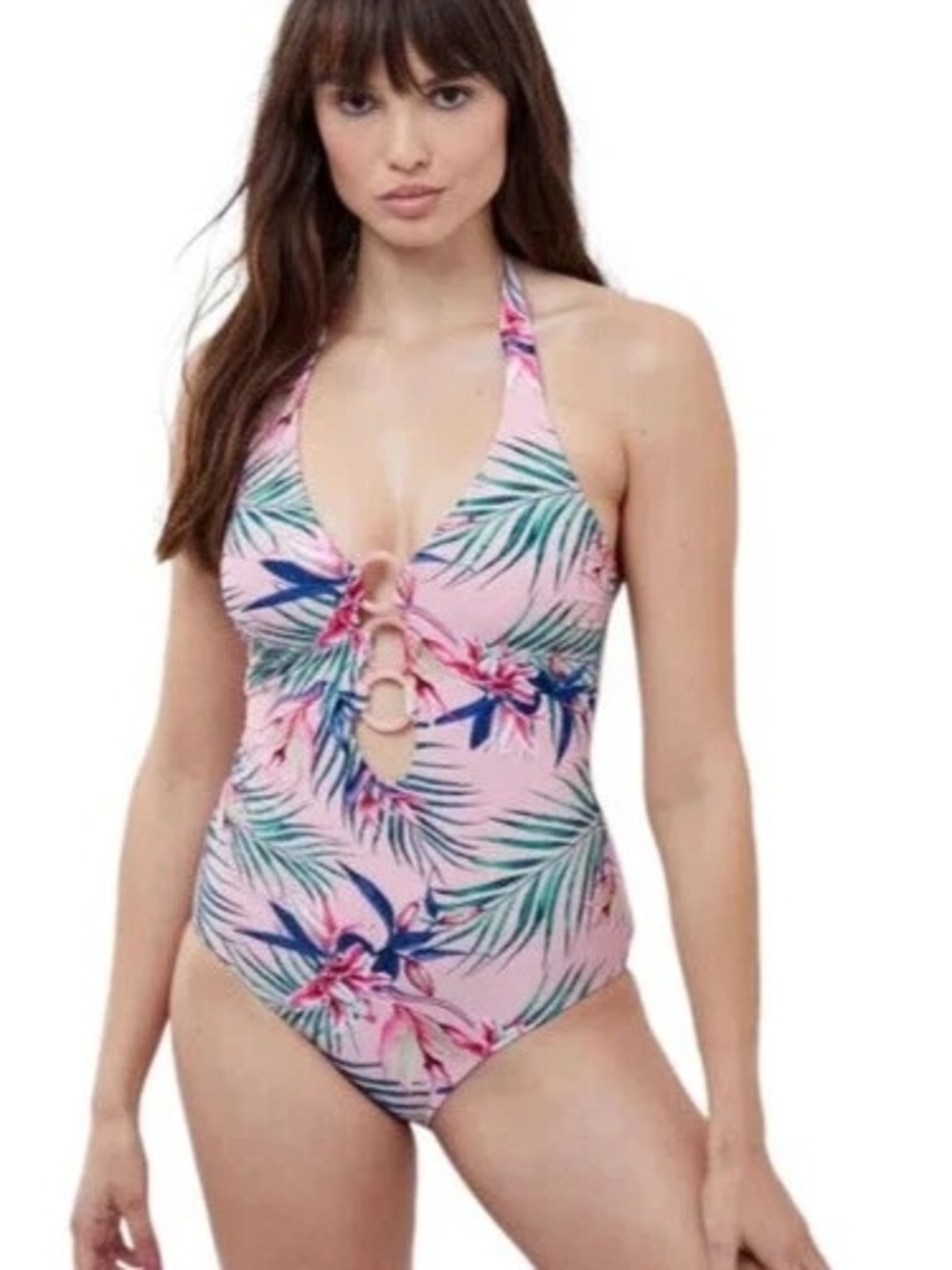 Pink Tropical Halter One-Piece Swimsuit
